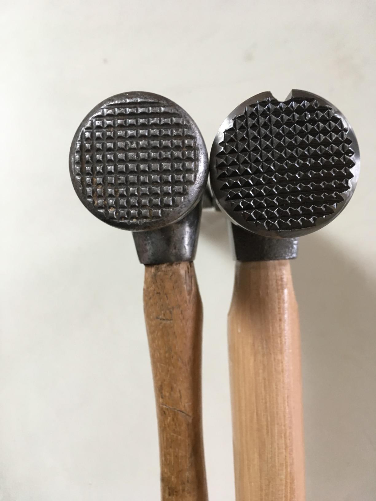 Close-up of two milled hammer faces side by side, one worn smooth with age and one with a sharp new waffle pattern
